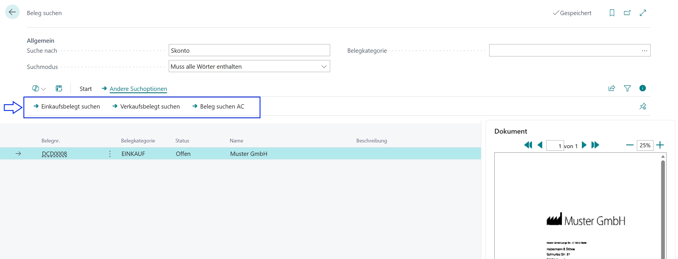 Continia's Seite 'Beleg suchen' mit DCE-Erweiterung