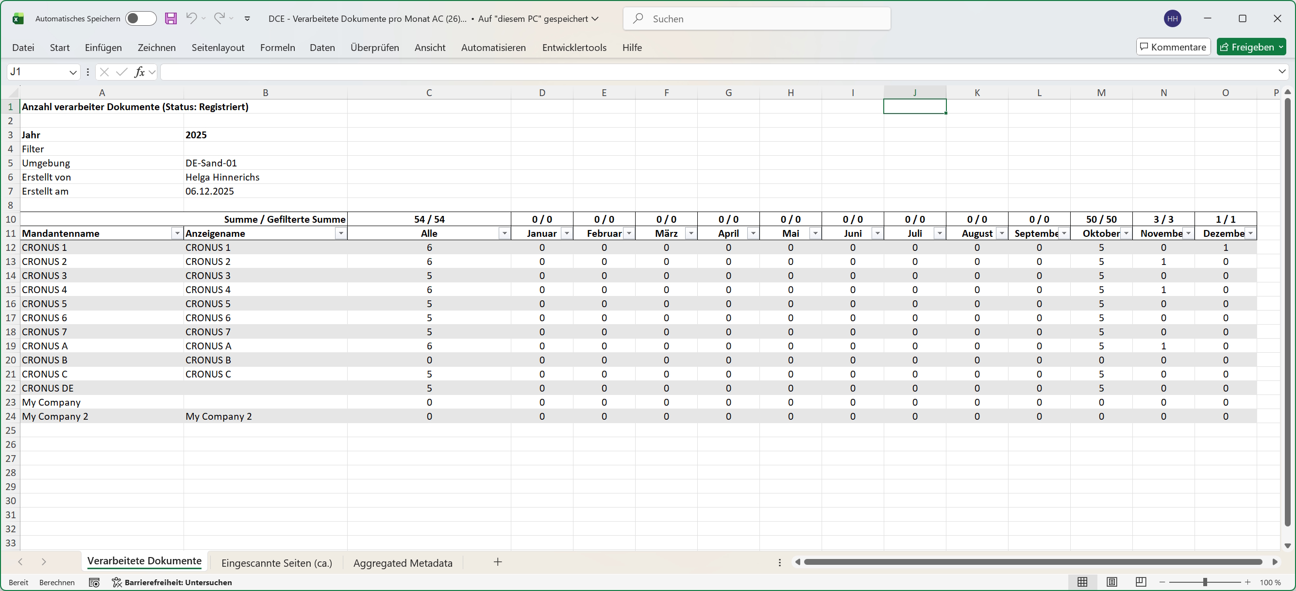 Tabellenblatt [Verarbeitete Dokumente] aus dem Bericht 'DCE - Verarbeitete Dokumente pro Monat AC'