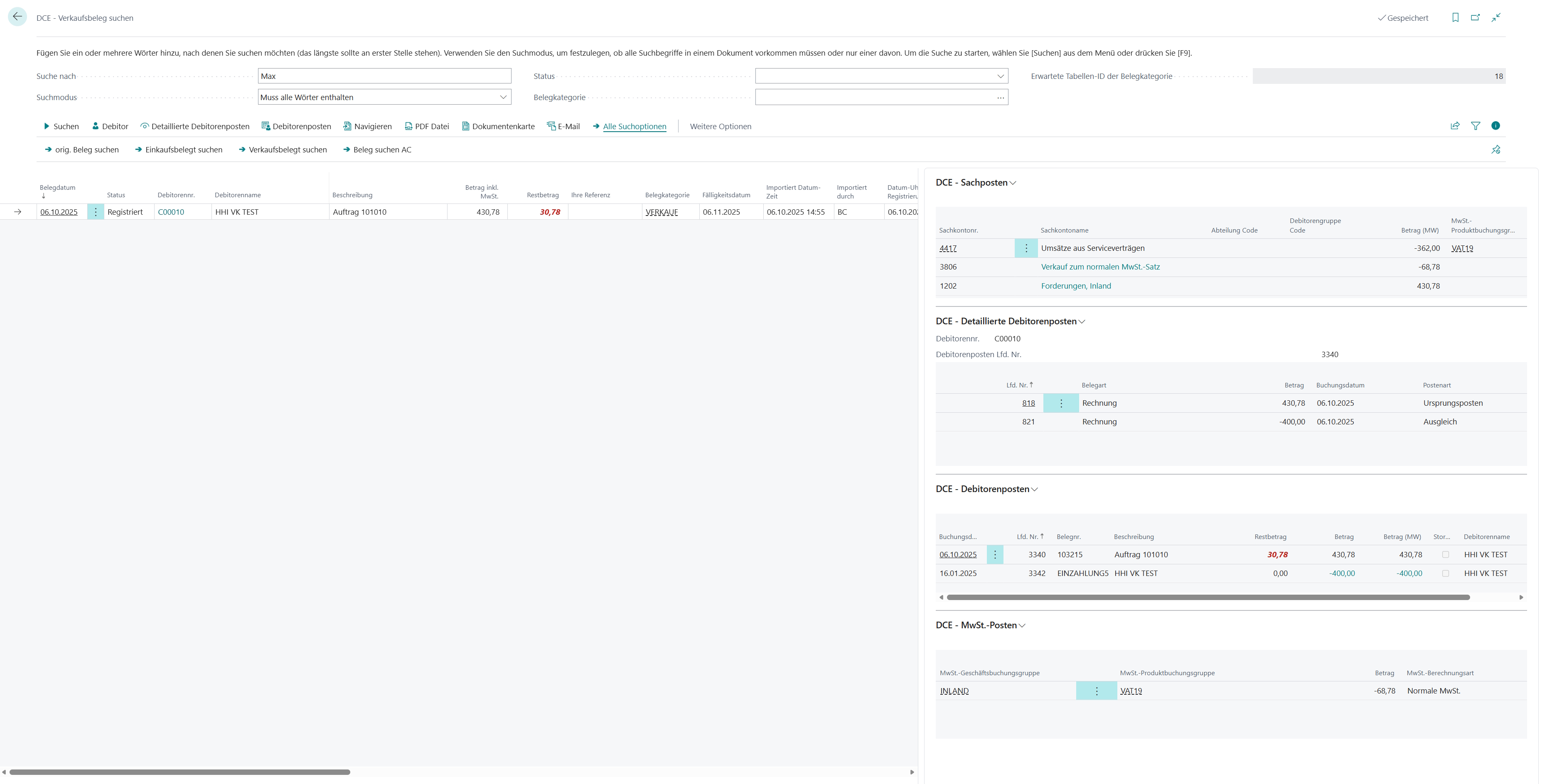 Seite 'DCE - Verkaufsbeleg suchen'