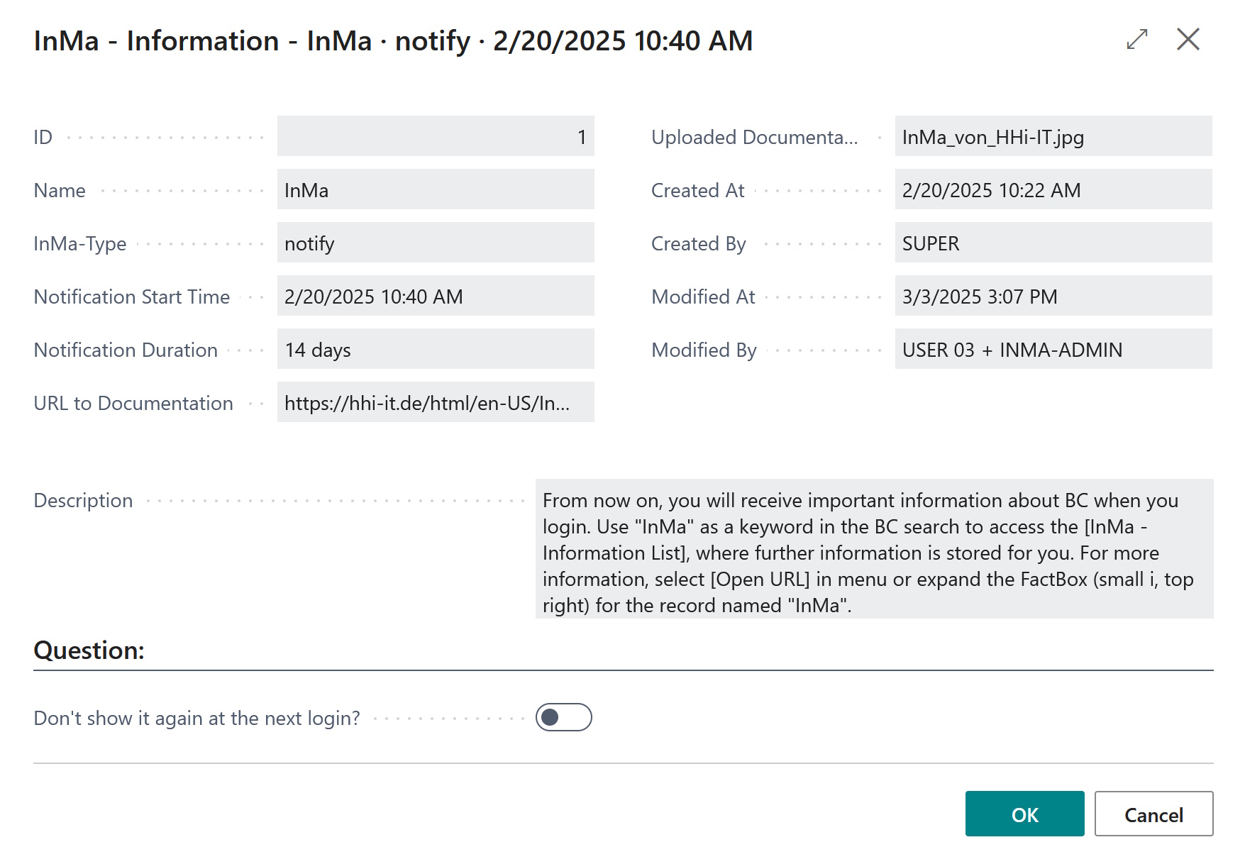 Picture InMa Dialog at Login